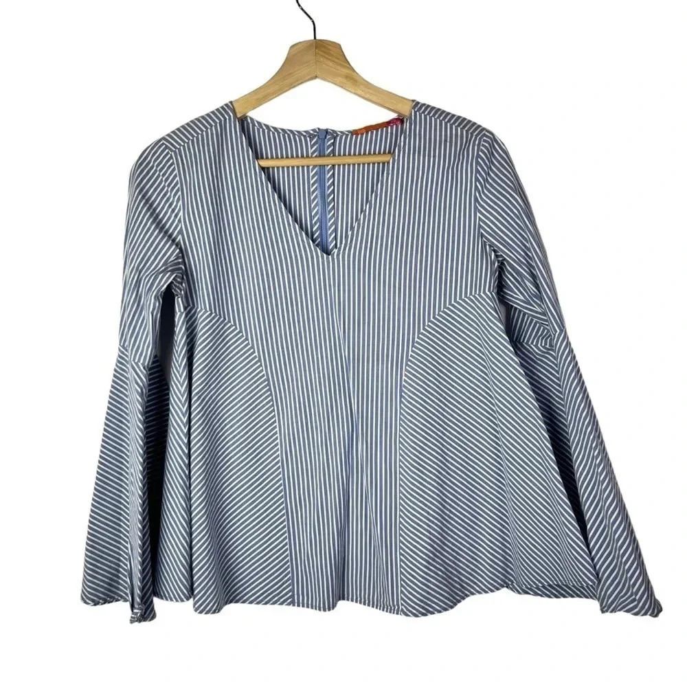 Boutique Ava Blue & White Stripe Bell Long Sleeve Blouse Xs